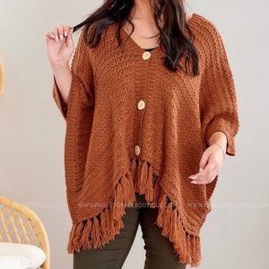 NWT Haptics Brown Rusty Fringe Poncho , 3/4 Dolman Sleeve, size 2x